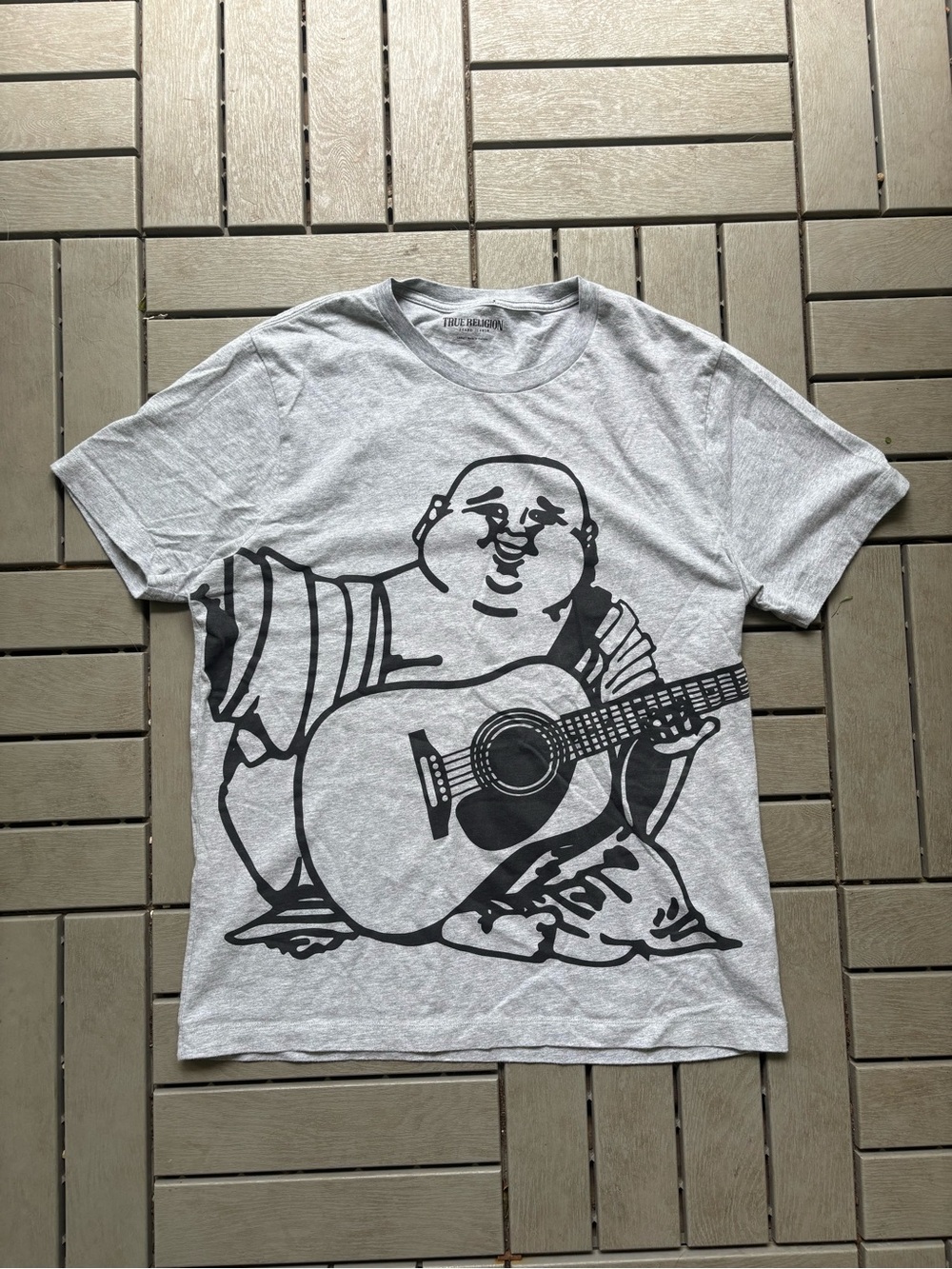 True Religion Light Gray Graphic Tee with Black Buddha Guitar Print